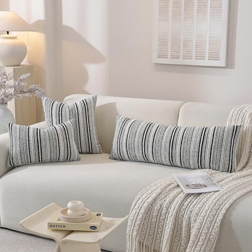 QDTTSRY Chenille Throw Decorative Pillow Covers 18x18 Set of 2, Textured Striped Boho Couch Pillow Covers, Cozy Neutral Farmhouse Cushion Cover for Couch Sofa Bedroom Living Room, Black - Image 3