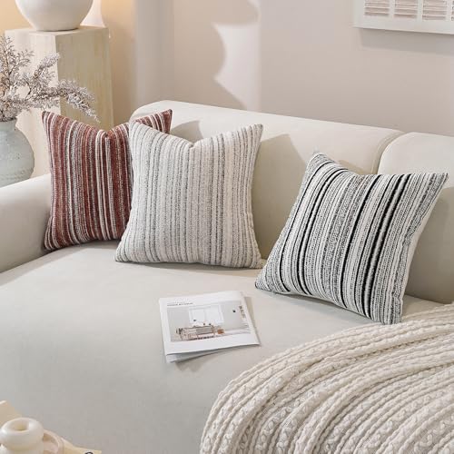 QDTTSRY Chenille Throw Decorative Pillow Covers 18x18 Set of 2, Textured Striped Boho Couch Pillow Covers, Cozy Neutral Farmhouse Cushion Cover for Couch Sofa Bedroom Living Room, Black - Image 4
