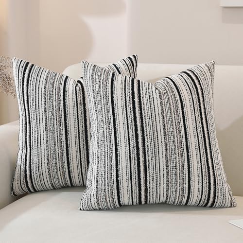 QDTTSRY Chenille Throw Decorative Pillow Covers 18x18 Set of 2, Textured Striped Boho Couch Pillow Covers, Cozy Neutral Farmhouse Cushion Cover for Couch Sofa Bedroom Living Room, Black - Image 1
