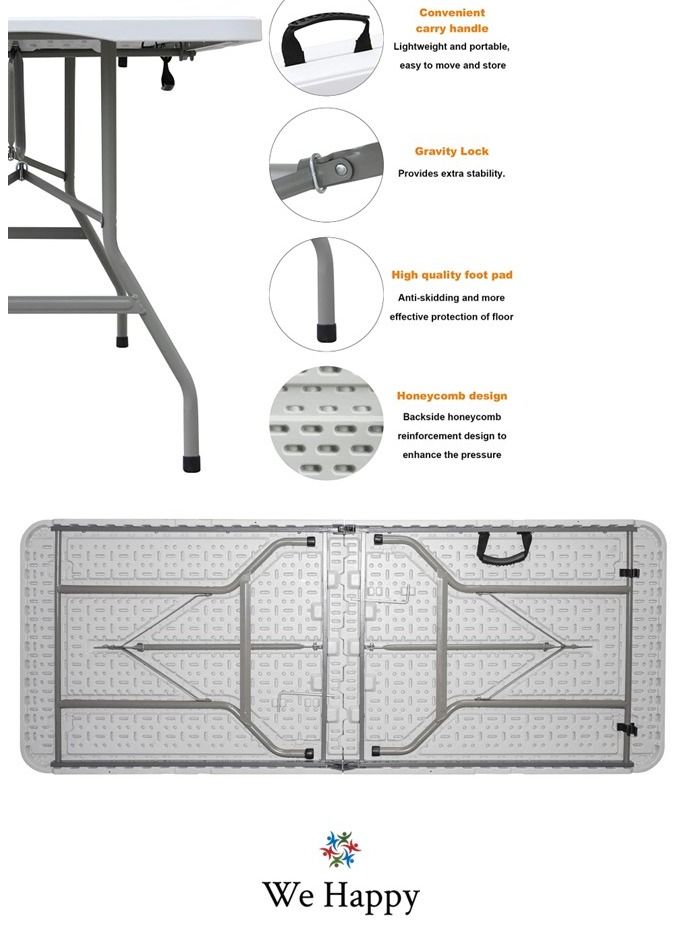 We Happy Foldable Heavy Duty White 6ft Plastic Table for Indoor Outdoor Parties Picnic Camping Wedding BBQ Catering Garden Dining Portable Utility Gear - Image 5