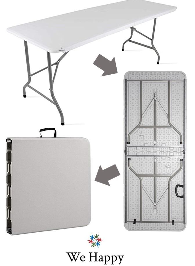 We Happy Foldable Heavy Duty White 6ft Plastic Table for Indoor Outdoor Parties Picnic Camping Wedding BBQ Catering Garden Dining Portable Utility Gear - Image 2