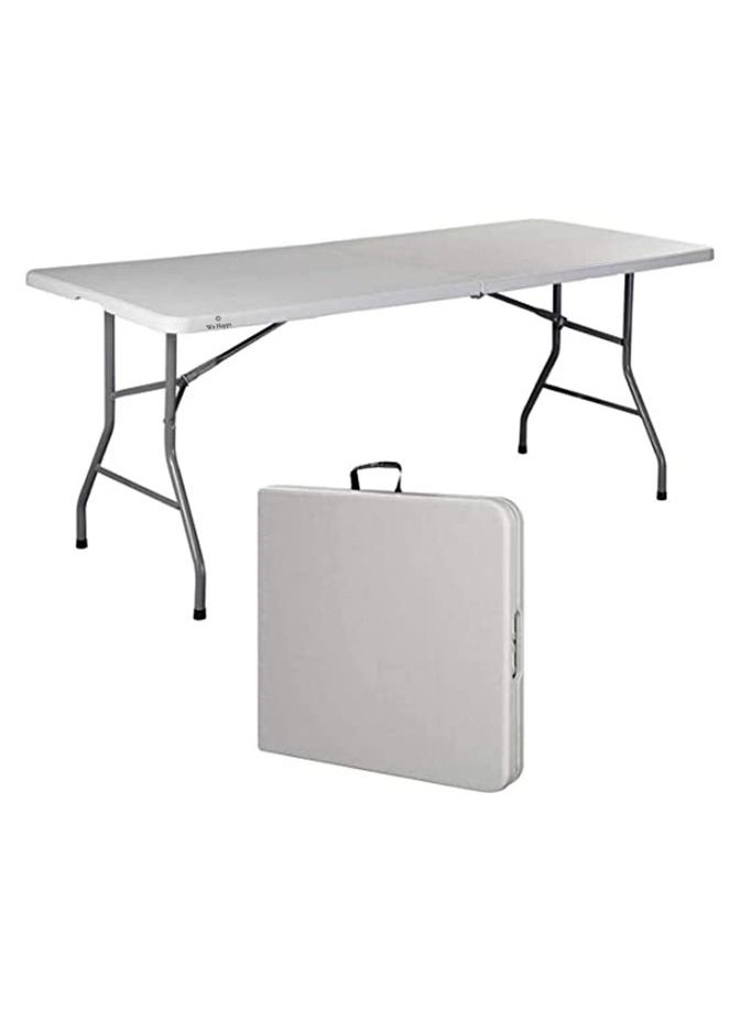 We Happy Foldable Heavy Duty White 6ft Plastic Table for Indoor Outdoor Parties Picnic Camping Wedding BBQ Catering Garden Dining Portable Utility Gear - Image 1