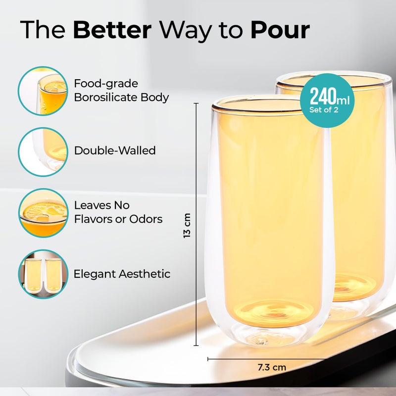 The Better Home UMAI Double Wall Borosilicate Glass Coffee Mug | Cups Set of 2-240ml Each | High Thermal Resistance | Microwave & Dishwasher Safe | Gifting Pack for Friends/Family/Couples | Yellow - Image 2