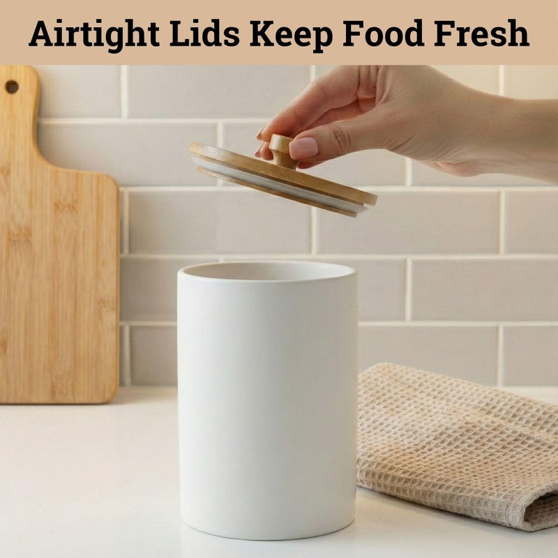 HB Design Co. Ceramic Kitchen Canisters for Countertop Set of 3 with Airtight Bamboo Lids - White Kitchen Canisters with Airtight Lids - Flour Sugar Canister Set - Flour and Sugar Containers Farmhouse - Coffee Jar - Image 4