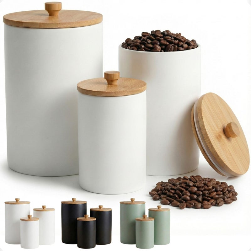 HB Design Co. Ceramic Kitchen Canisters for Countertop Set of 3 with Airtight Bamboo Lids - White Kitchen Canisters with Airtight Lids - Flour Sugar Canister Set - Flour and Sugar Containers Farmhouse - Coffee Jar - Image 1