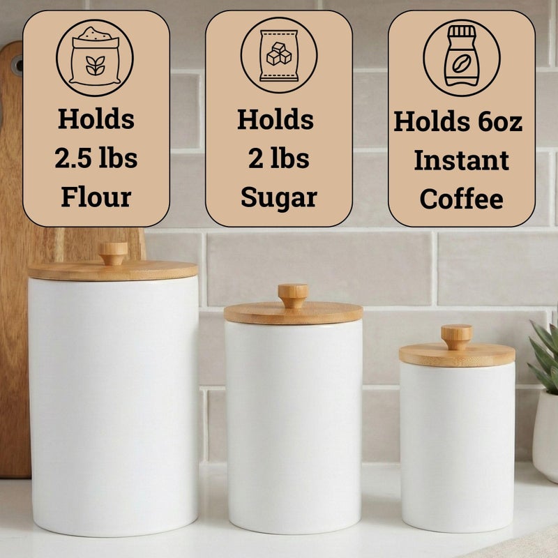 HB Design Co. Ceramic Kitchen Canisters for Countertop Set of 3 with Airtight Bamboo Lids - White Kitchen Canisters with Airtight Lids - Flour Sugar Canister Set - Flour and Sugar Containers Farmhouse - Coffee Jar - Image 3