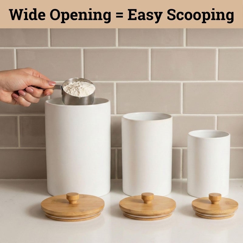 HB Design Co. Ceramic Kitchen Canisters for Countertop Set of 3 with Airtight Bamboo Lids - White Kitchen Canisters with Airtight Lids - Flour Sugar Canister Set - Flour and Sugar Containers Farmhouse - Coffee Jar - Image 5