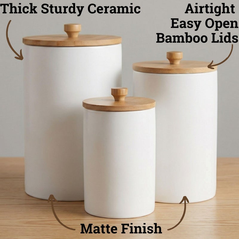 HB Design Co. Ceramic Kitchen Canisters for Countertop Set of 3 with Airtight Bamboo Lids - White Kitchen Canisters with Airtight Lids - Flour Sugar Canister Set - Flour and Sugar Containers Farmhouse - Coffee Jar - Image 2