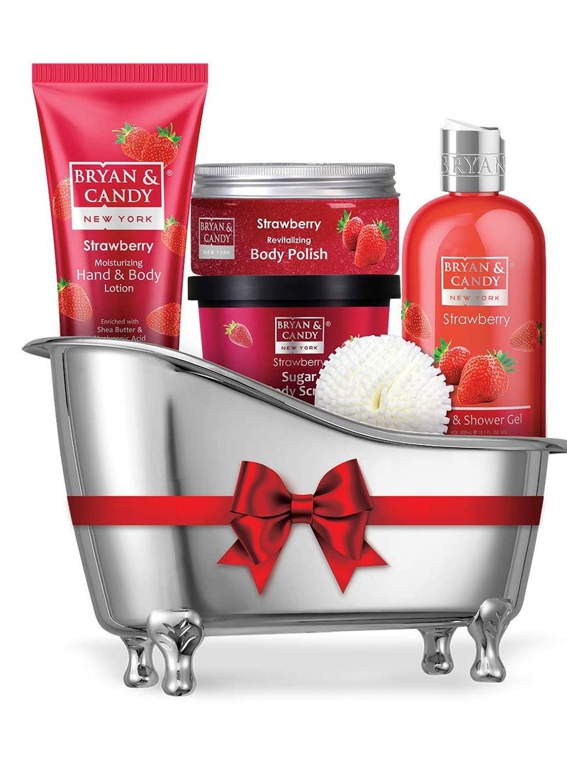 BRYAN & CANDY Strawberry Bath Tub Kit Gift For Women And Men Complete Home Spa Experience Shower Gel Hand & Body Lotion Sugar Scrub Body Polish  - Image 1