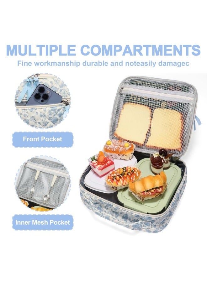 WOBAGMEN Insulated Cotton Lunch Box for Women, Reusable Food Storage Container (blue floral, M) - Image 3
