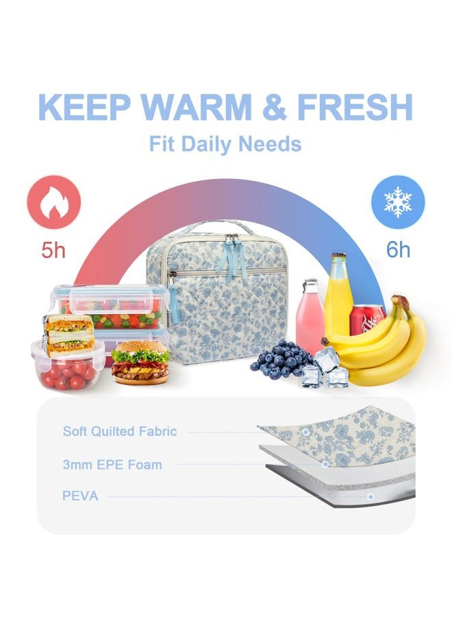 WOBAGMEN Insulated Cotton Lunch Box for Women, Reusable Food Storage Container (blue floral, M) - Image 5