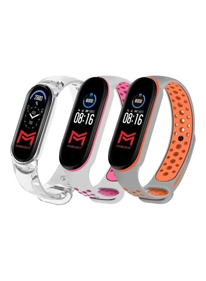 vesus 3Pack for Xiaomi Mi Band 6 Strap / Mi Band 5 Strap Soft Silicone Replacement Band Sport Wristband Clear/Grey, Pink/Grey, Orange