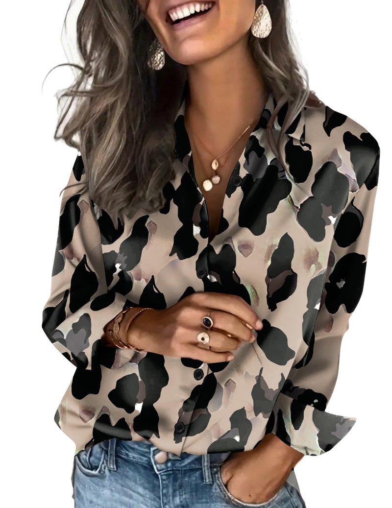 Zeagoo Satin Blouses for Women Silk Button Down Shirts Long Sleeve Business Casual Tops Leopard - Image 1