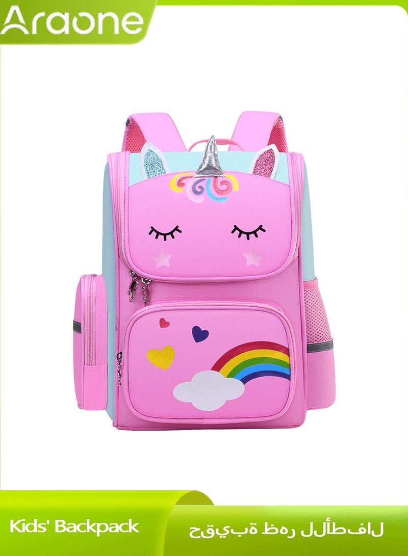 أَرَوْن حقيبة ظهر للأطفال، حقيبة ظهر مطبوعة برسوم كرتونية، حقيبة مدرسية مقاومة للماء للأعمار من 6 إلى 8 سنوات، لون وردي 34 × 24 × 12 سم - Image 1