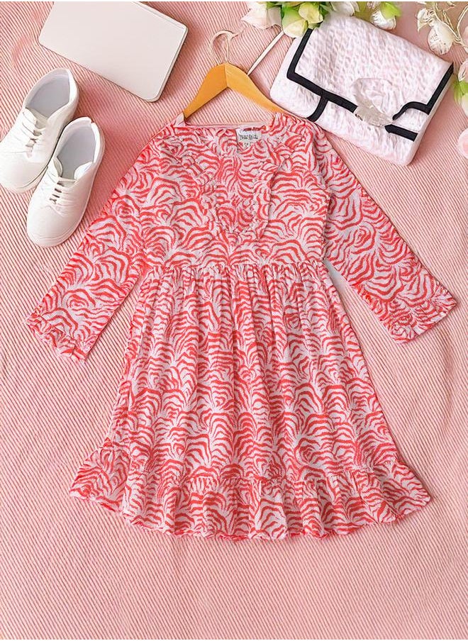 BELLA MODA All-Over Print Fit and Flare Round Neck Dress with Long Sleeves by Styli  - Image 1