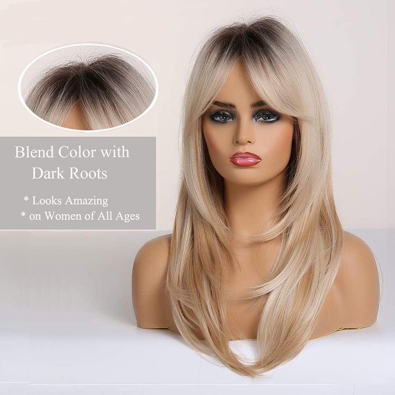 Esmee 20 Inches Long Straight Blonde with Dark Roots Layered Synthetic Hair Wigs for Women Daily Party Use. - Image 3