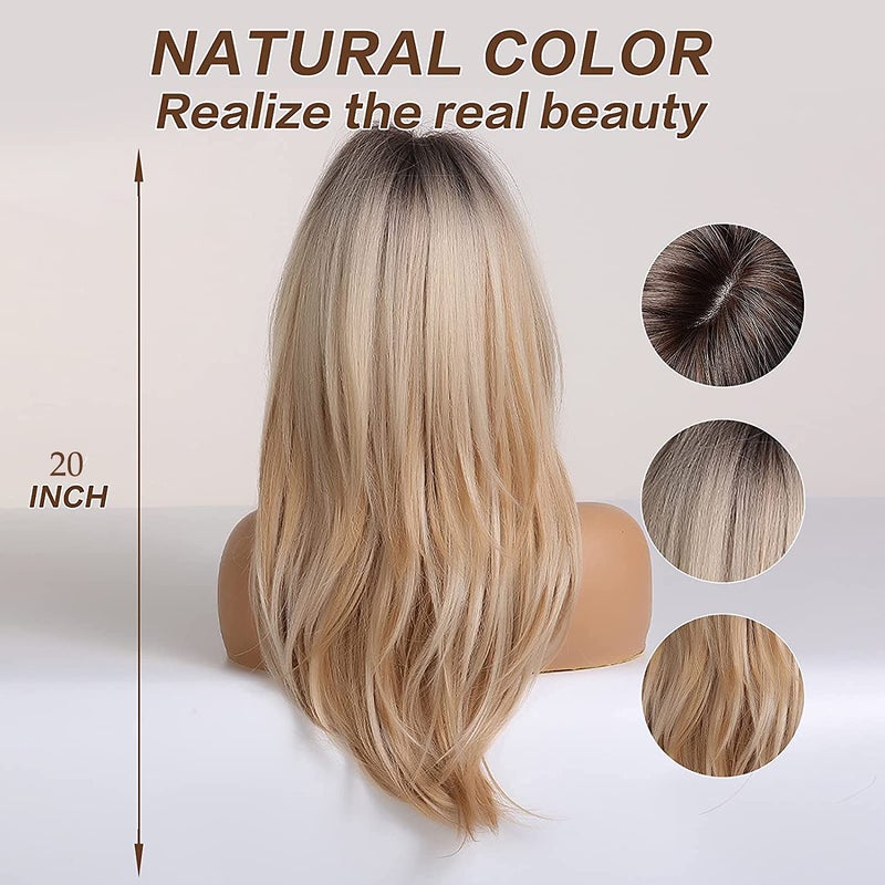 Esmee 20 Inches Long Straight Blonde with Dark Roots Layered Synthetic Hair Wigs for Women Daily Party Use. - Image 4