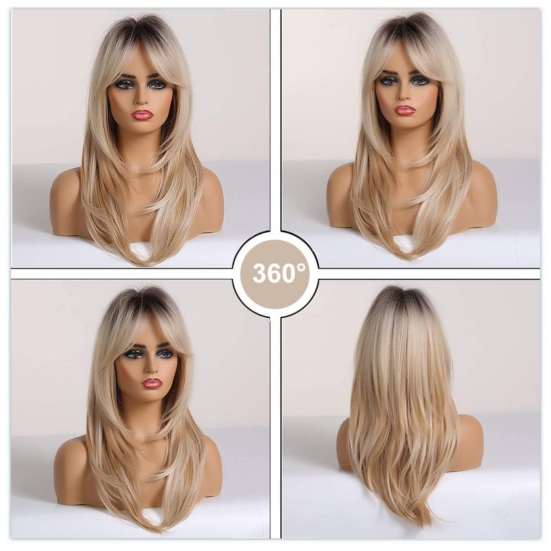 Esmee 20 Inches Long Straight Blonde with Dark Roots Layered Synthetic Hair Wigs for Women Daily Party Use. - Image 5