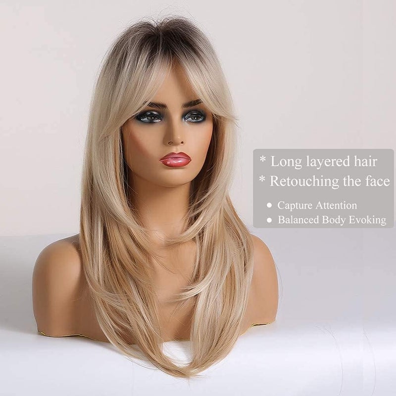 Esmee 20 Inches Long Straight Blonde with Dark Roots Layered Synthetic Hair Wigs for Women Daily Party Use. - Image 2