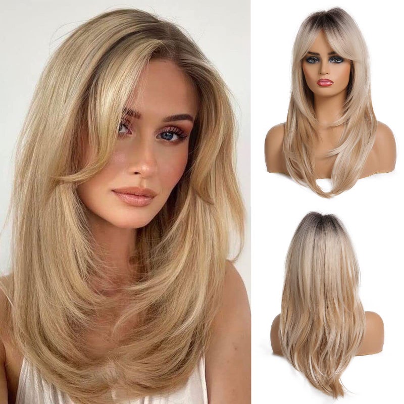 Esmee 20 Inches Long Straight Blonde with Dark Roots Layered Synthetic Hair Wigs for Women Daily Party Use. - Image 1