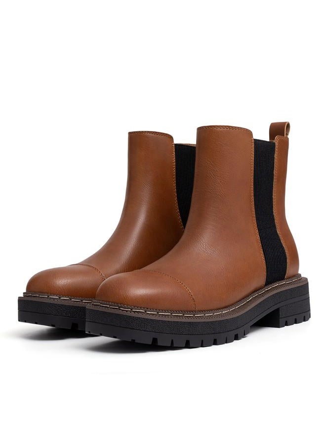 Athlefit Women's Chelsea Boots Platform Chunky Heel Slip On Elastic Lug Sole Ankle Booties, Brown, 8.5 - Image 3