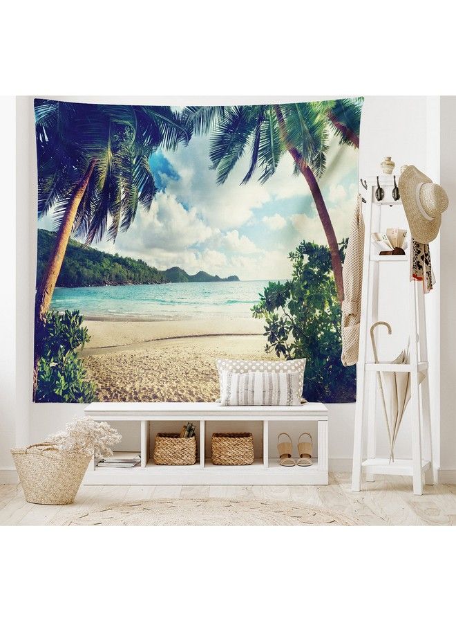 Palm Tree Tapestry Summer Beach Vintage Style Tropical Sunset Picture Print Wide Wall Hanging For Bedroom Living Room Dorm 80" X 60" Dark Green Sand Brown