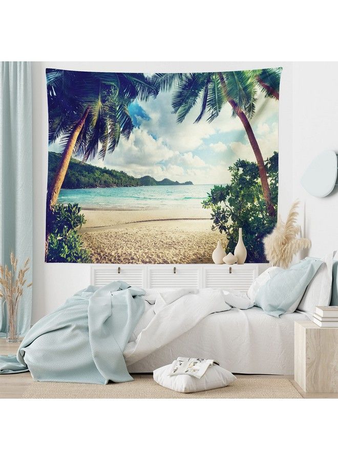 Palm Tree Tapestry Summer Beach Vintage Style Tropical Sunset Picture Print Wide Wall Hanging For Bedroom Living Room Dorm 80" X 60" Dark Green Sand Brown