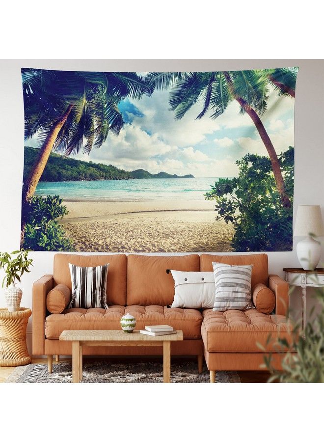 Palm Tree Tapestry Summer Beach Vintage Style Tropical Sunset Picture Print Wide Wall Hanging For Bedroom Living Room Dorm 80" X 60" Dark Green Sand Brown