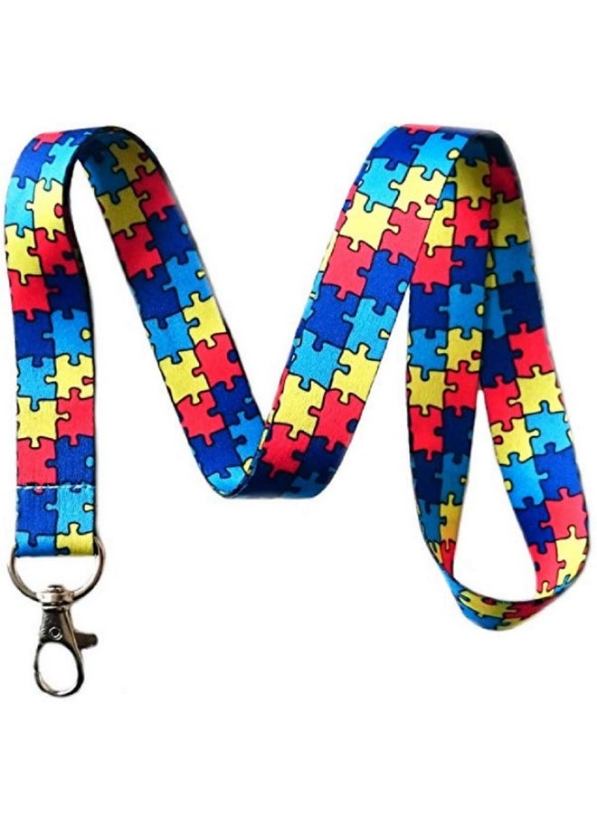LanyardLanyard - Autism Awareness Puzzle Piece Print Lanyard Key Chain Id Badge Holder - Image 1