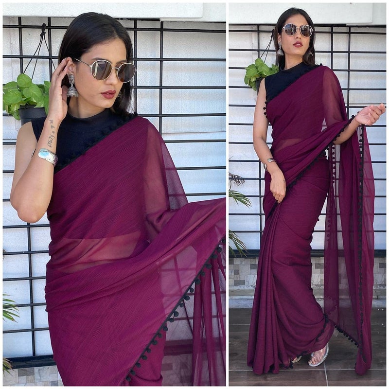 Sidhidata Women's Georgette Pom-Pom Lace Bordered Saree with Unstitched Blouse Piece - Image 2