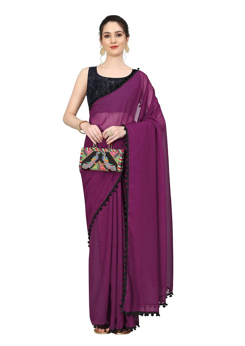 Sidhidata Women's Georgette Pom-Pom Lace Bordered Saree with Unstitched Blouse Piece - Image 1