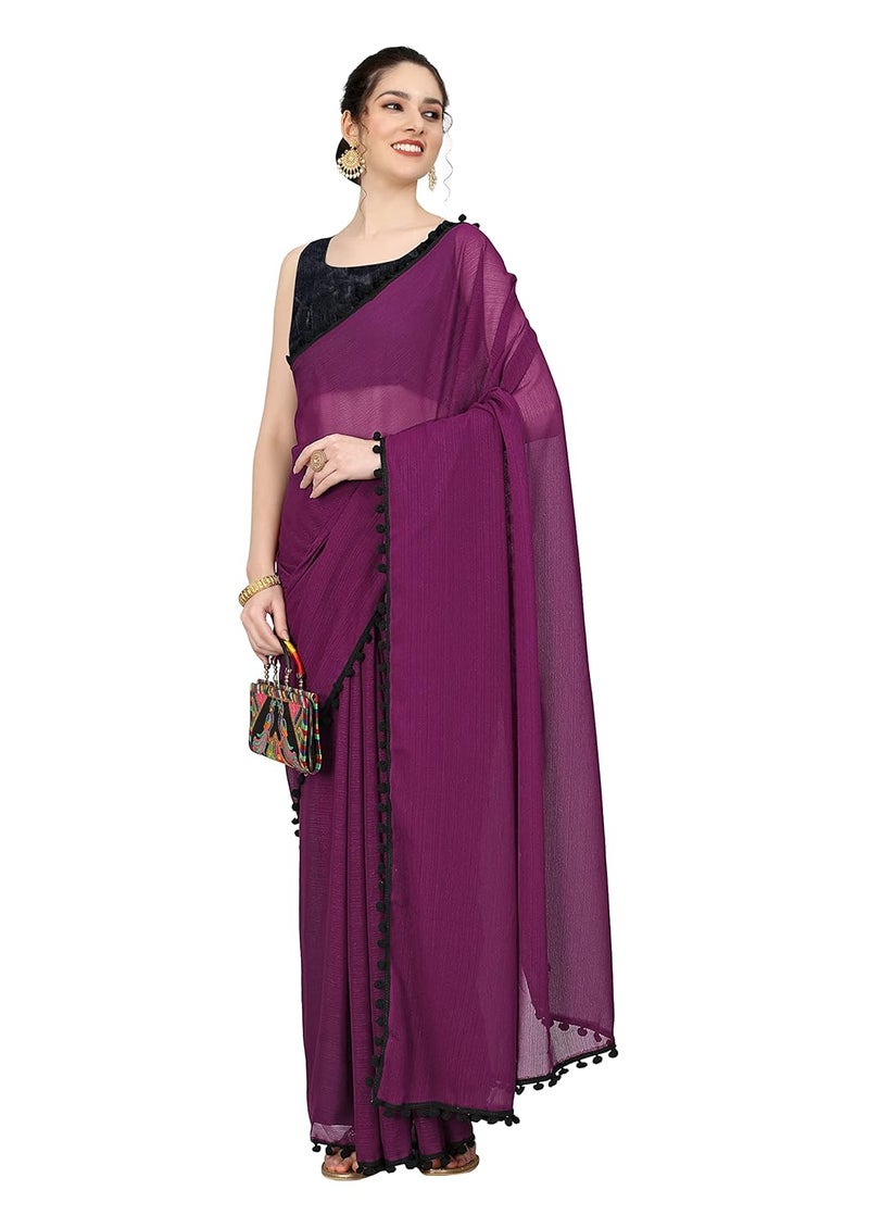 Sidhidata Women's Georgette Pom-Pom Lace Bordered Saree with Unstitched Blouse Piece - Image 5