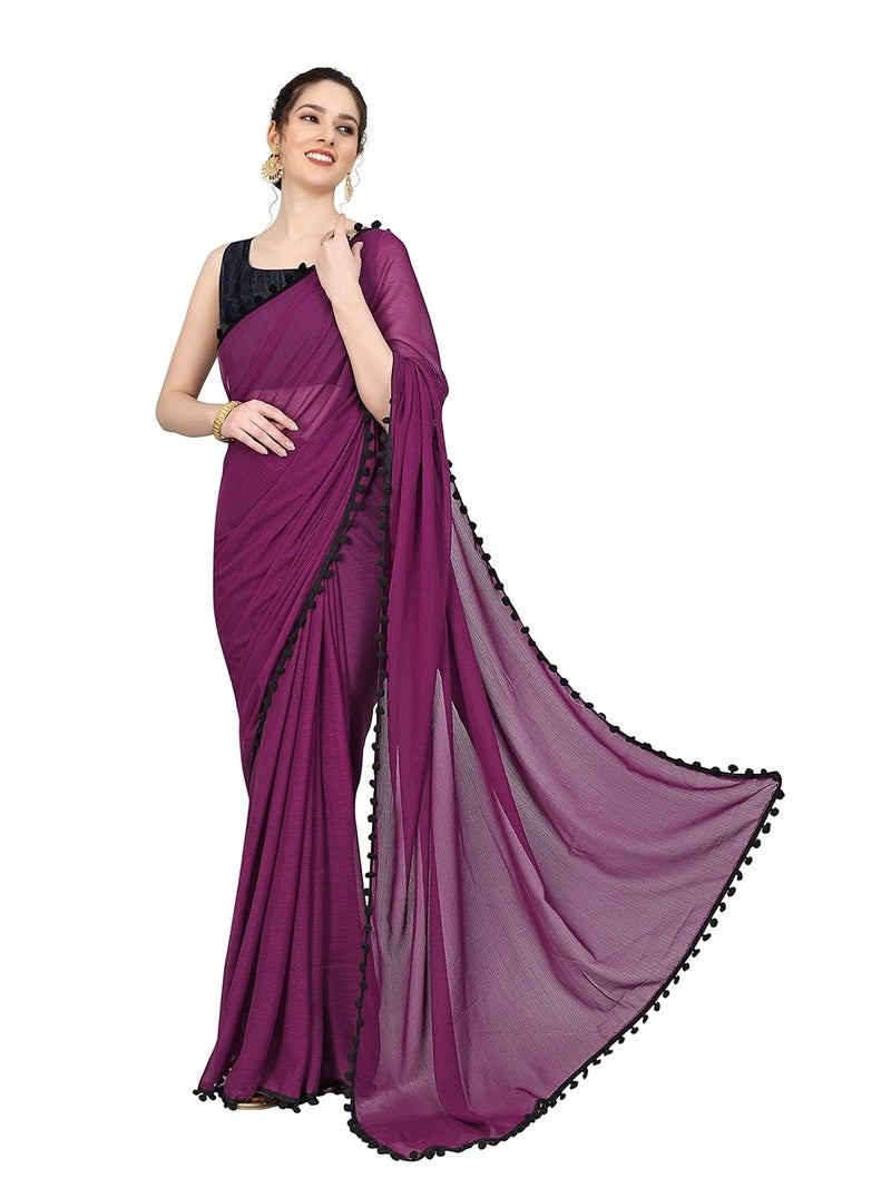 Sidhidata Women's Georgette Pom-Pom Lace Bordered Saree with Unstitched Blouse Piece - Image 3