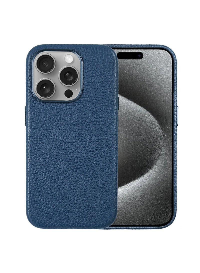 A-CASE جراب A-Case Amur المصنوع من الجلد الأصلي بالكامل لهاتف iPhone 15 Pro Max مع وظيفة MagSafe، وأزرار معدنية وحافة الكاميرا - ملائم بشكل نحيف، جراب واقٍ مغناطيسي من الجلد المحبب العلوي لهاتف iPhone 15 Pro Max - أزرق - Image 1