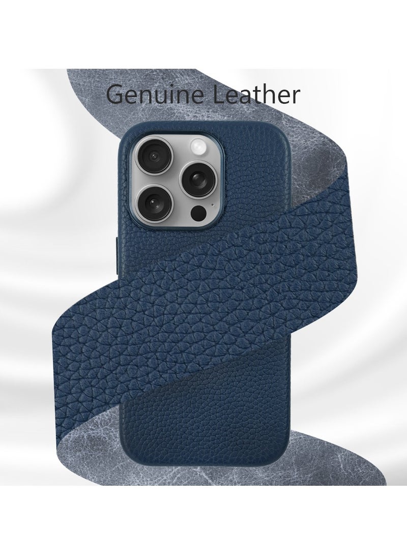 A-CASE جراب A-Case Amur المصنوع من الجلد الأصلي بالكامل لهاتف iPhone 15 Pro Max مع وظيفة MagSafe، وأزرار معدنية وحافة الكاميرا - ملائم بشكل نحيف، جراب واقٍ مغناطيسي من الجلد المحبب العلوي لهاتف iPhone 15 Pro Max - أزرق - Image 5