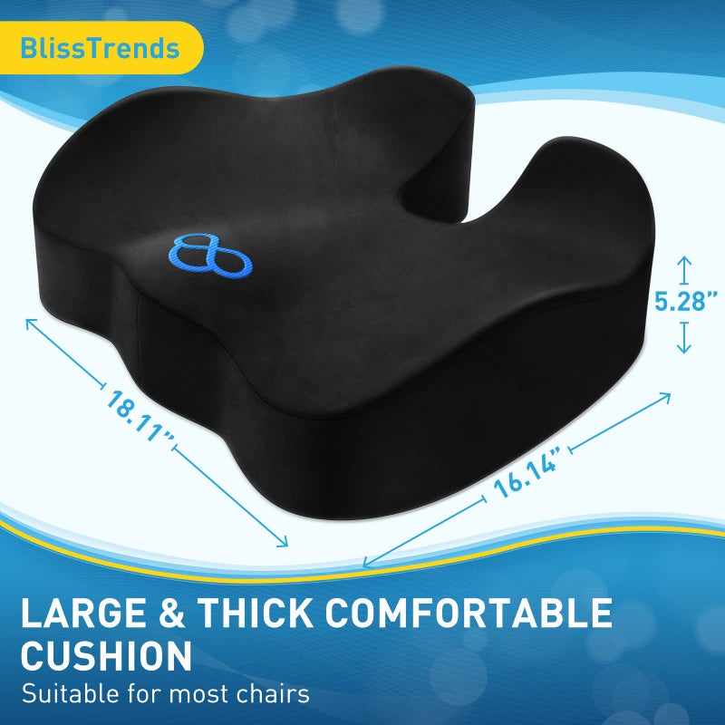 BlissTrends Seat Cushion,Thick Memory Foam Cushions for Office Chair, Car Seat, Airplane, Relieving Pressure Tailbone Sciatica Back Pain for Long Sitting Office Workers, Car Drivers 4.7in Thick Black - Image 2