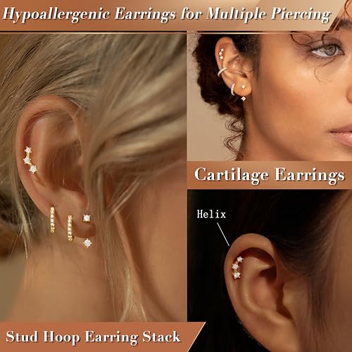 Poxtex Flat Back Cartilage Stud Earrings for Women, Gold Plated Piercing Jewelry for Tragus Helix Conch Rook, Flatback Studs Everyday Earrings Jacket Stacks - Image 2