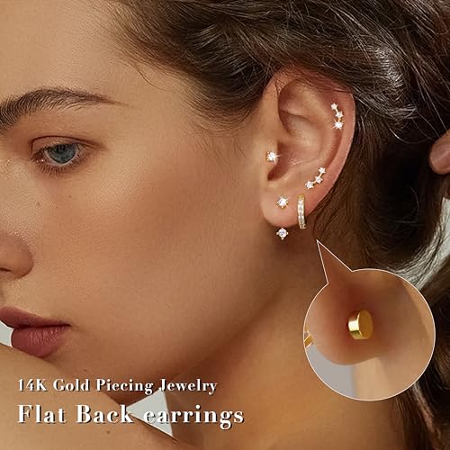 Poxtex Flat Back Cartilage Stud Earrings for Women, Gold Plated Piercing Jewelry for Tragus Helix Conch Rook, Flatback Studs Everyday Earrings Jacket Stacks - Image 4