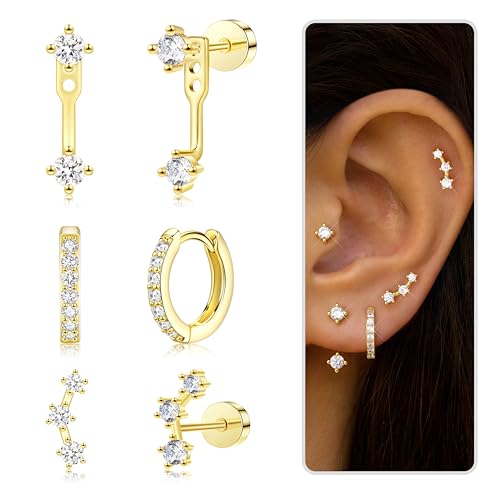 Poxtex Flat Back Cartilage Stud Earrings for Women, Gold Plated Piercing Jewelry for Tragus Helix Conch Rook, Flatback Studs Everyday Earrings Jacket Stacks - Image 5