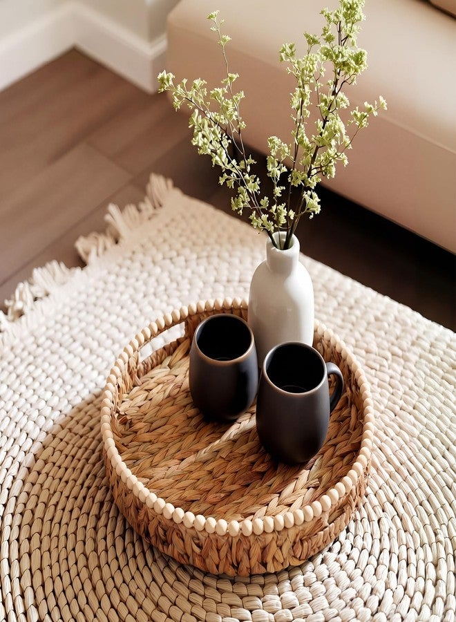 Tiangrid Round Wicker Tray 16 Inch Woven Tray with Wooden Beads and Handles Decorative Serving Trays for Coffee Table for Kitchen, Living Room, Bedroom Home Decor(Water Hyacinth) - Image 5