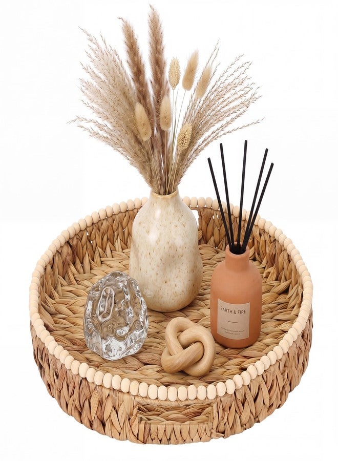 Tiangrid Round Wicker Tray 16 Inch Woven Tray with Wooden Beads and Handles Decorative Serving Trays for Coffee Table for Kitchen, Living Room, Bedroom Home Decor(Water Hyacinth) - Image 1