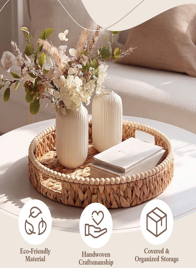 Tiangrid Round Wicker Tray 16 Inch Woven Tray with Wooden Beads and Handles Decorative Serving Trays for Coffee Table for Kitchen, Living Room, Bedroom Home Decor(Water Hyacinth) - Image 4