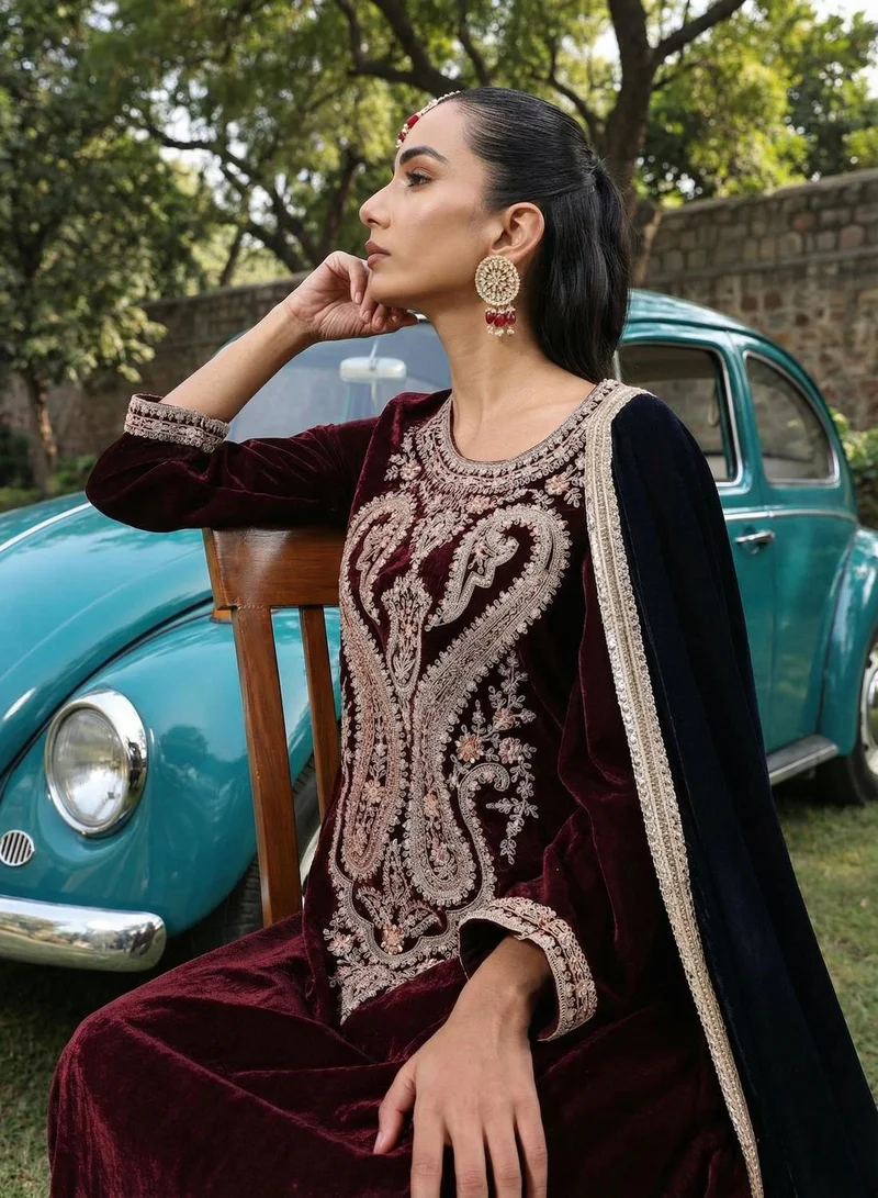 ISHIN Rich Coffee Embroidered A-line Kurta sets in Velvet