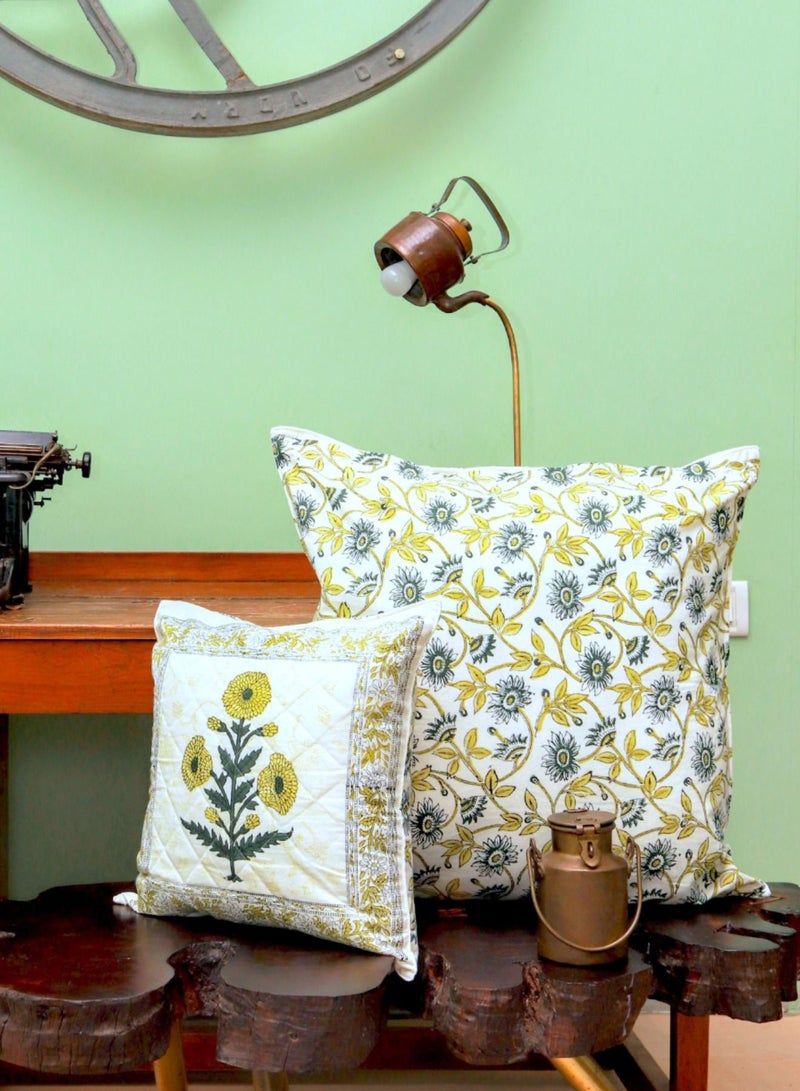 OJARIYA Hand Block Printed Non-Allergic Green Orchid Premium Organic Cotton Quilted Cushion Cover 40 Cm X 40 Cm  - Image 5