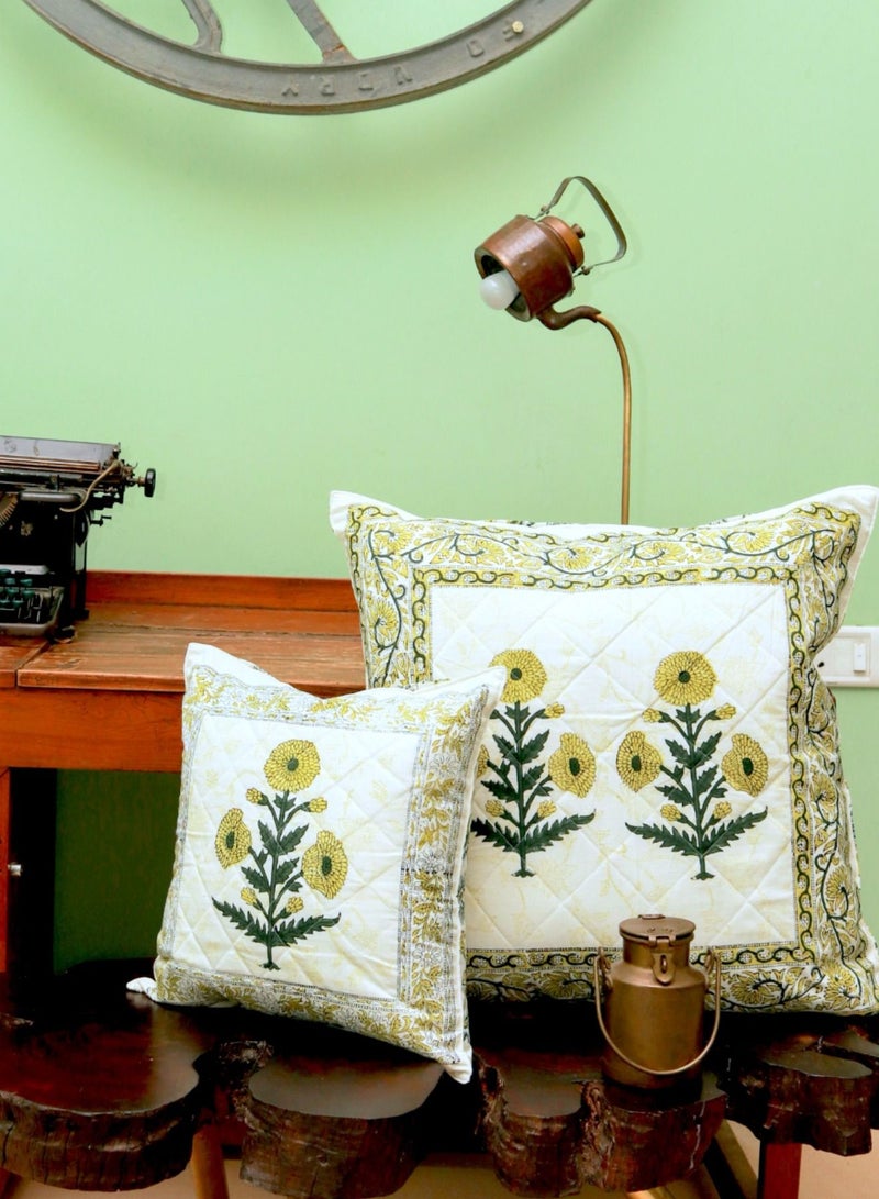 OJARIYA Hand Block Printed Non-Allergic Green Orchid Premium Organic Cotton Quilted Cushion Cover 40 Cm X 40 Cm  - Image 4