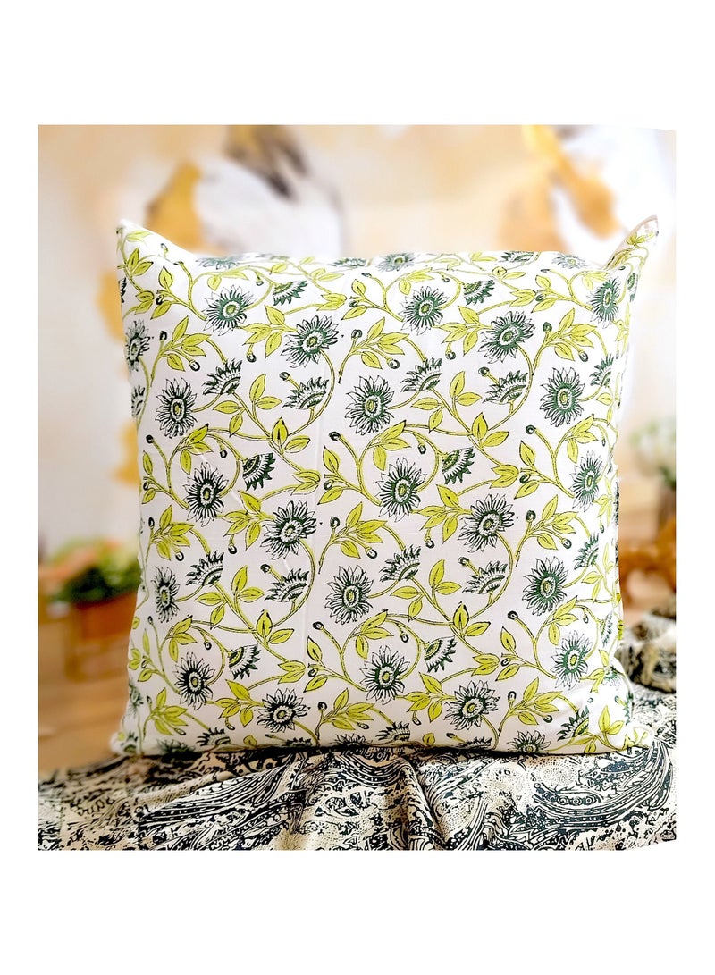 OJARIYA Hand Block Printed Non-Allergic Green Orchid Premium Organic Cotton Quilted Cushion Cover 40 Cm X 40 Cm  - Image 3
