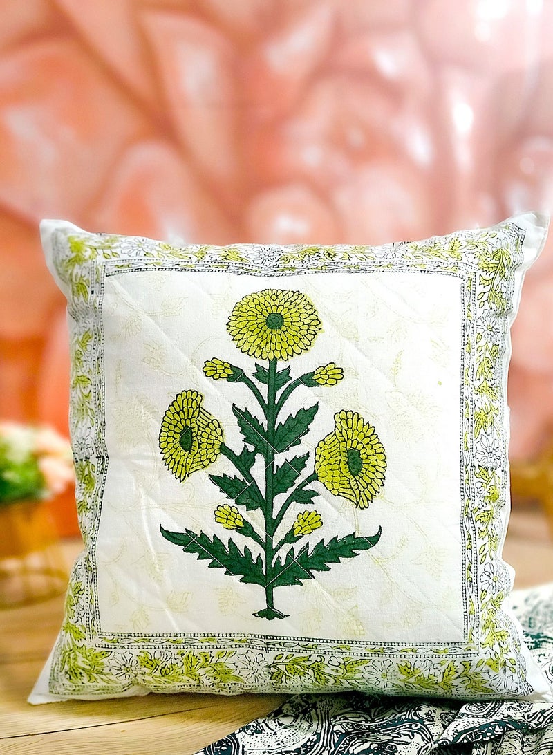 OJARIYA Hand Block Printed Non-Allergic Green Orchid Premium Organic Cotton Quilted Cushion Cover 40 Cm X 40 Cm  - Image 2