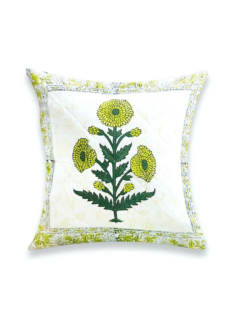 OJARIYA Hand Block Printed Non-Allergic Green Orchid Premium Organic Cotton Quilted Cushion Cover 40 Cm X 40 Cm  - Image 1