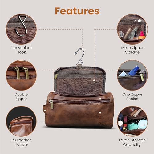 DRAVINA Travel Toiletry Pouch for Men & Women with Mesh & Hook Attachment| 25Cm Water Resistant PU Leather Vanity Case, Toiletry Kit, Travel Shaving Kit, Makeup & Cosmetic Organizer - Classic Brown - Image 3