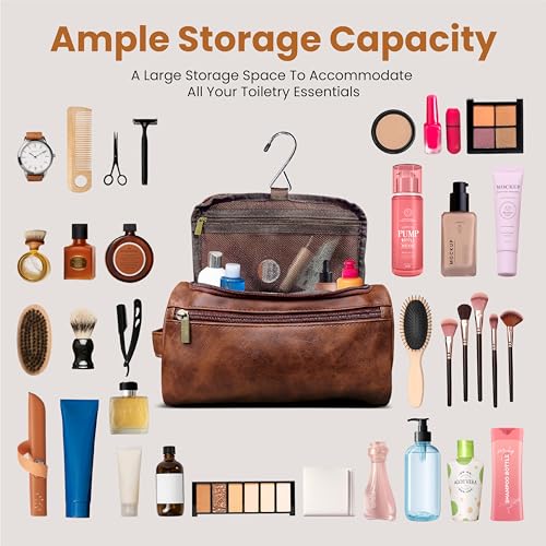 DRAVINA Travel Toiletry Pouch for Men & Women with Mesh & Hook Attachment| 25Cm Water Resistant PU Leather Vanity Case, Toiletry Kit, Travel Shaving Kit, Makeup & Cosmetic Organizer - Classic Brown - Image 5